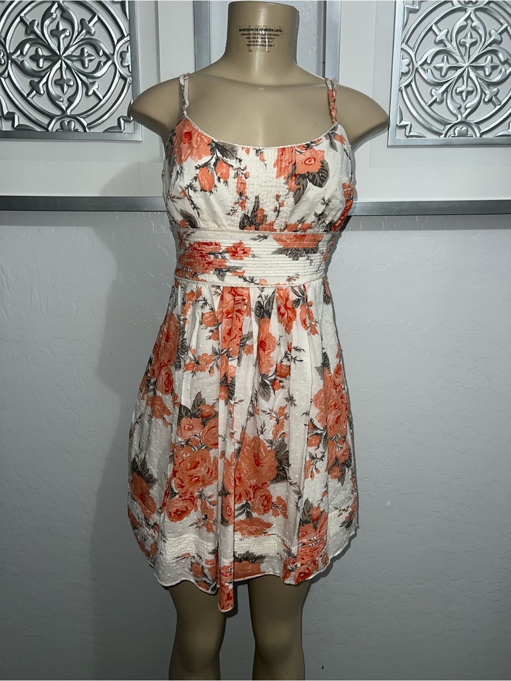 Floral Spaghetti-Strap Mini Dress in White and Coral